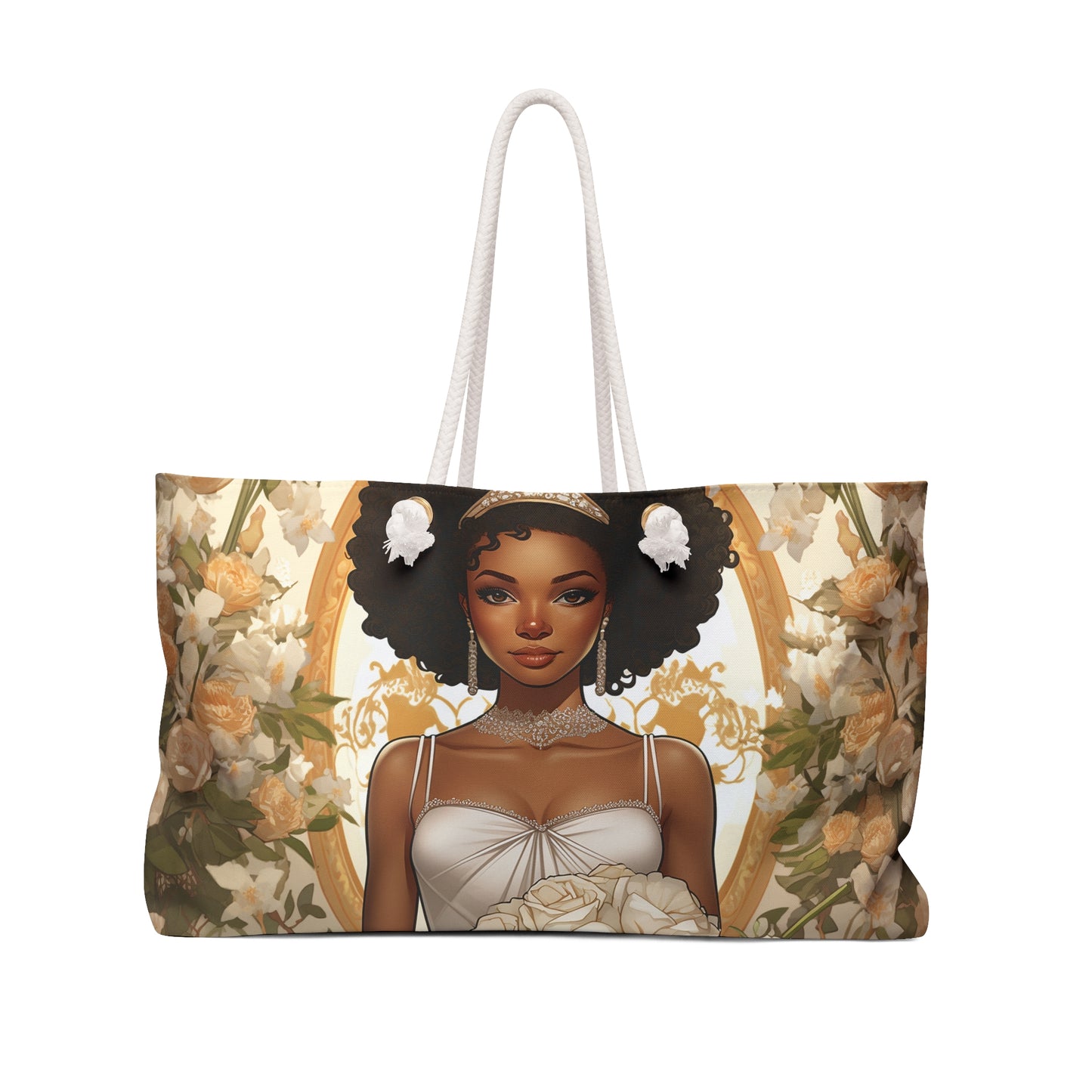 Beautiful African American Bride in Peach-colored Flowers Beach or Weekender Tote Bag