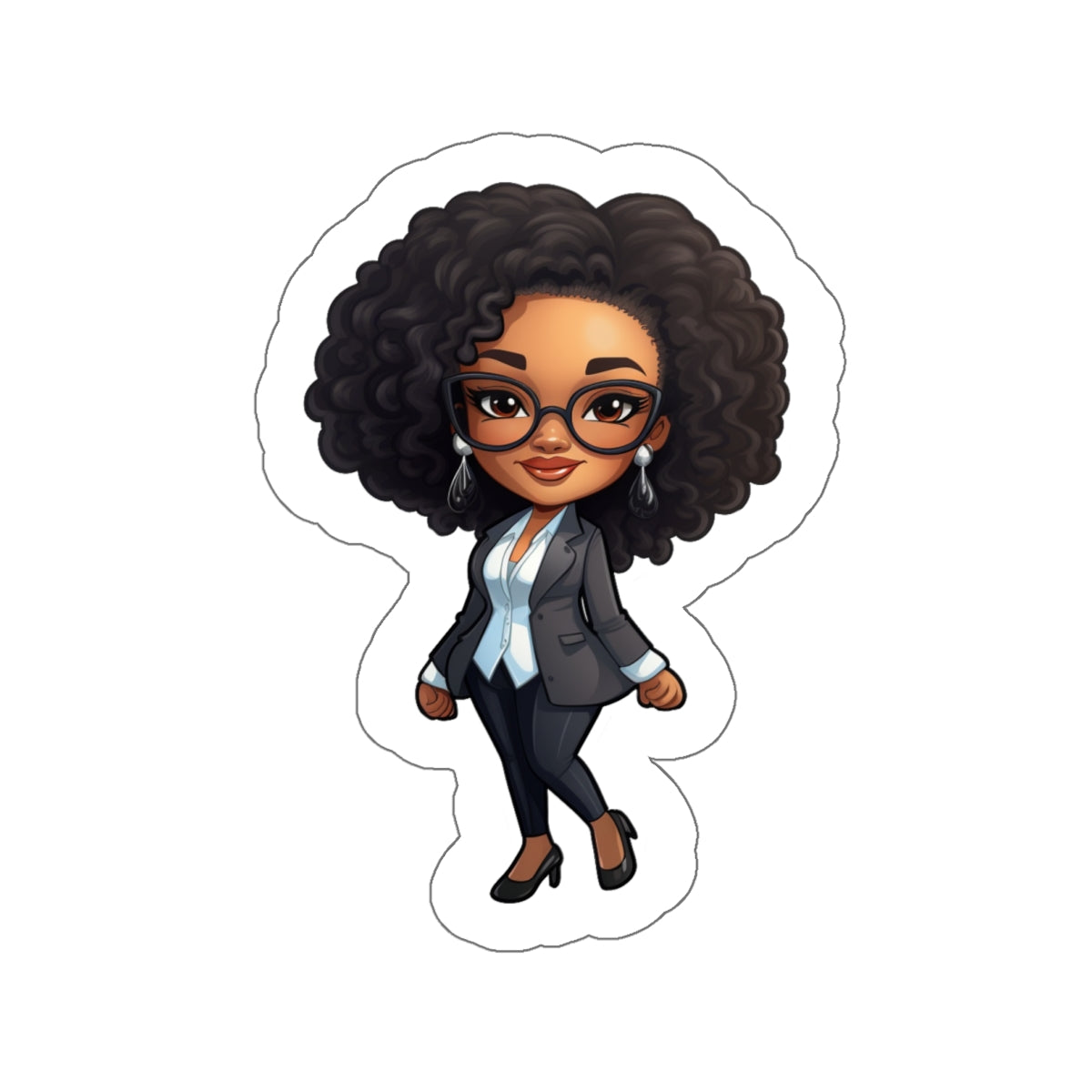Chibi Style African American (Black) Business Woman Boss Babe in Black Suit Kiss-Cut Stickers