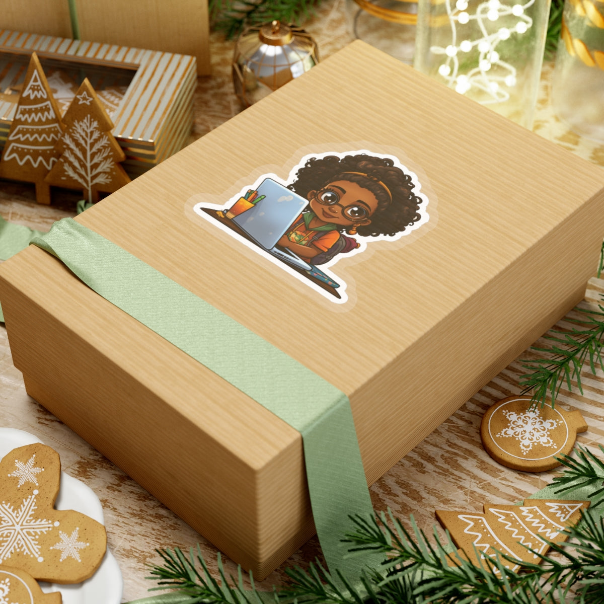 Chibi Style African American Student at Her Desk with Her Laptop Studying Kiss-Cut Stickers