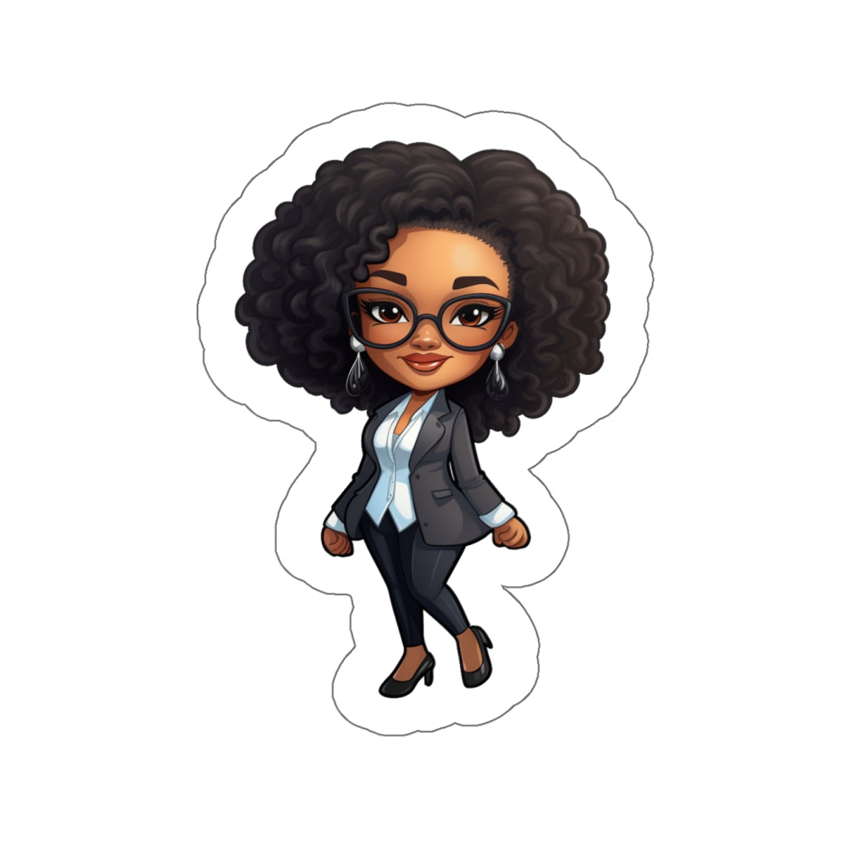 Chibi Style African American (Black) Business Woman Boss Babe in Black Suit Kiss-Cut Stickers