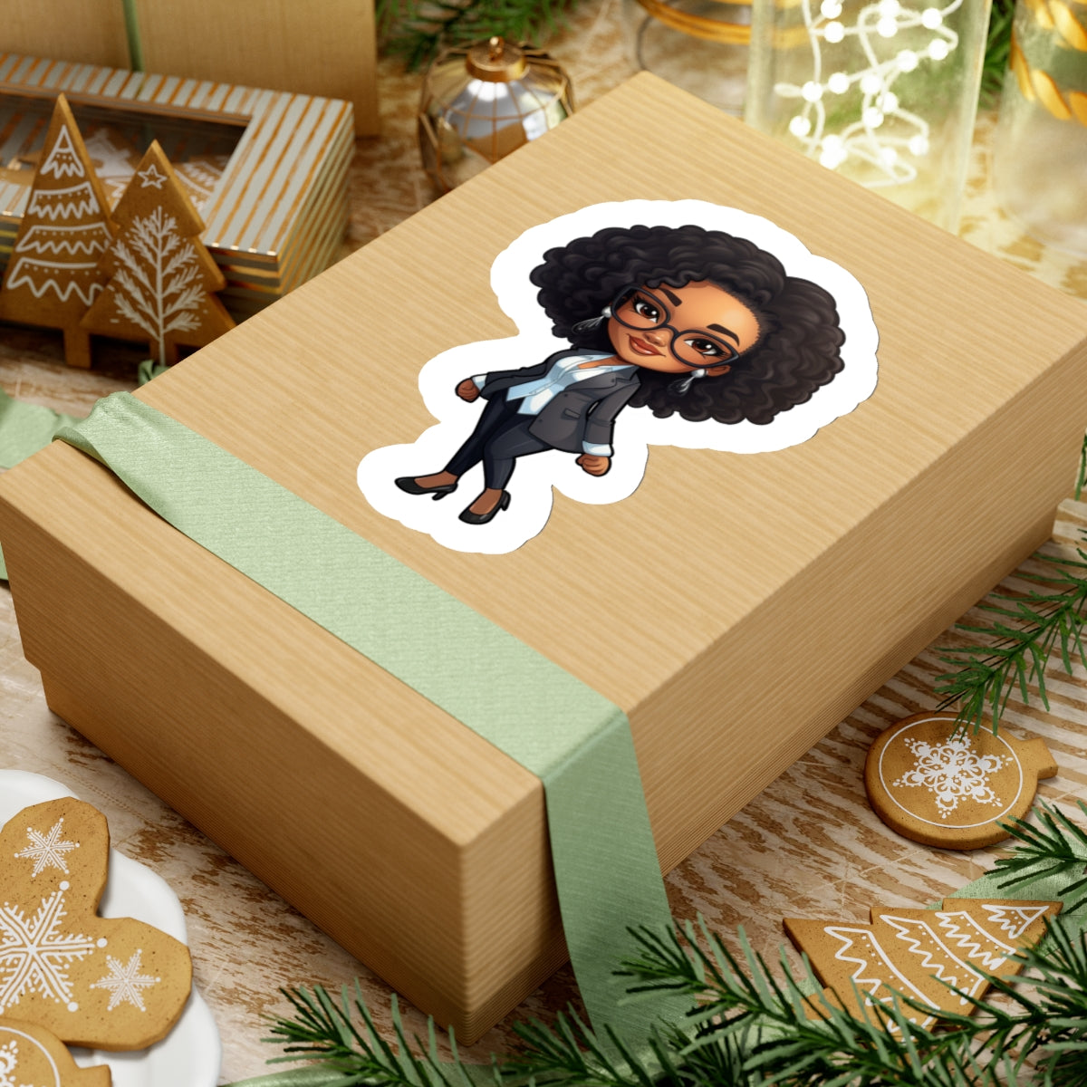 Chibi Style African American (Black) Business Woman Boss Babe in Black Suit Kiss-Cut Stickers