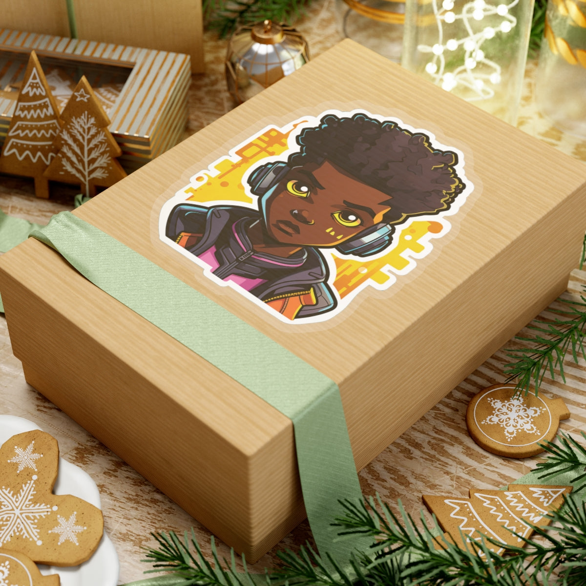 Kawaii Anime Style African American (Black) Young Man (Boy) in Yellow or Golden Background Kiss-Cut Stickers