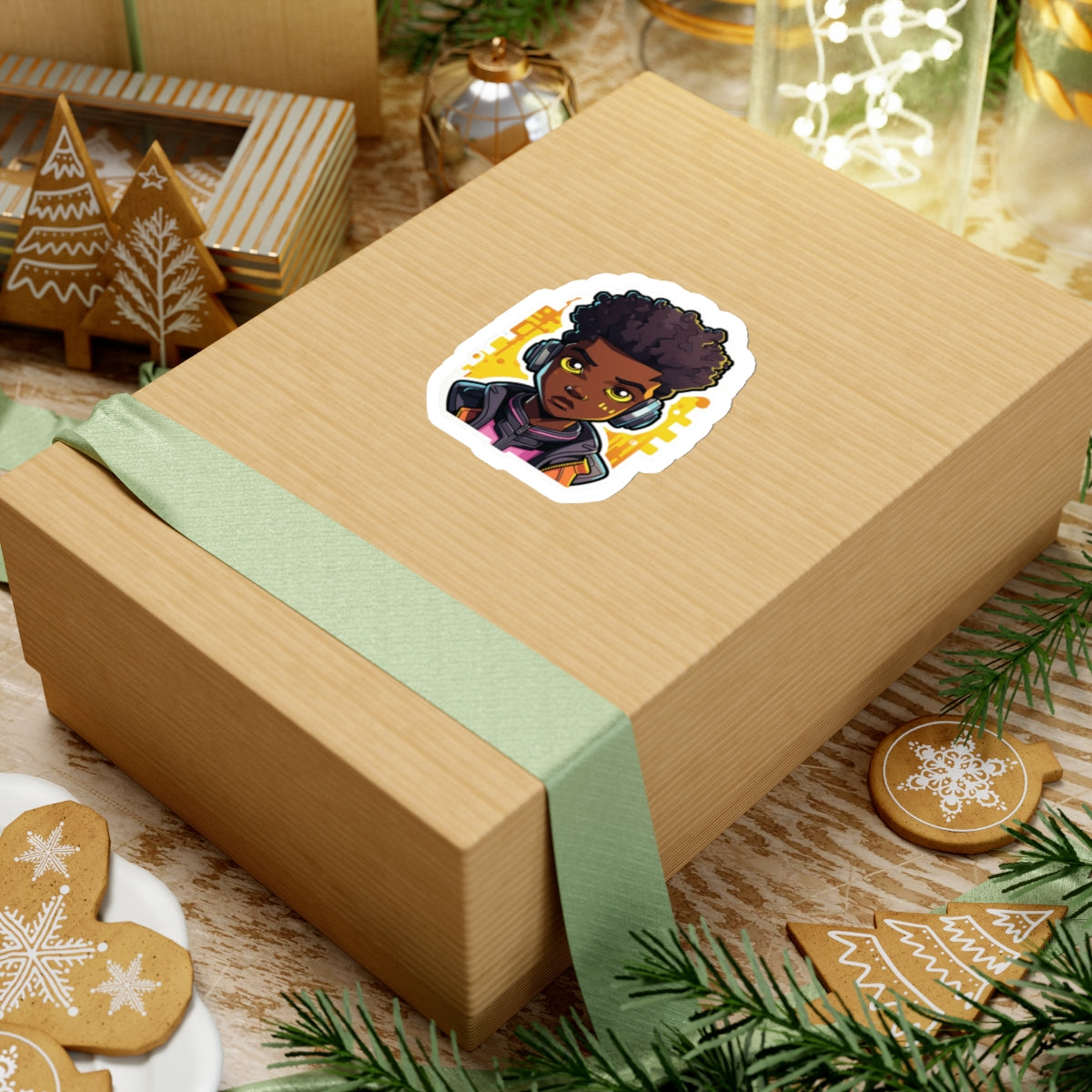 Kawaii Anime Style African American (Black) Young Man (Boy) in Yellow or Golden Background Kiss-Cut Stickers