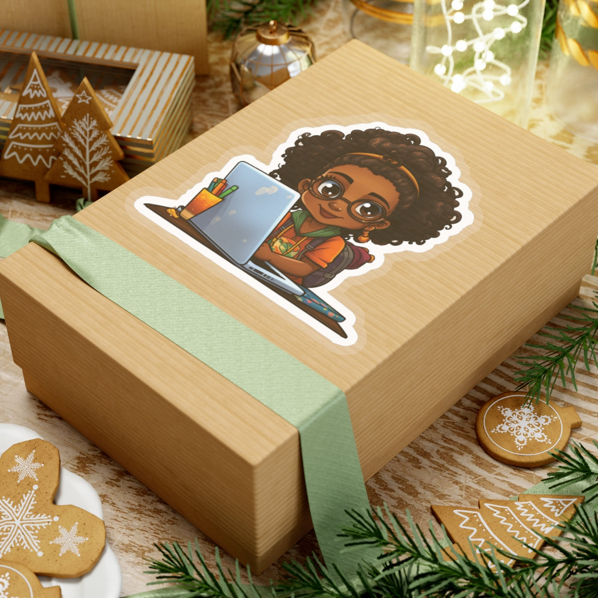 Chibi Style African American Student at Her Desk with Her Laptop Studying Kiss-Cut Stickers