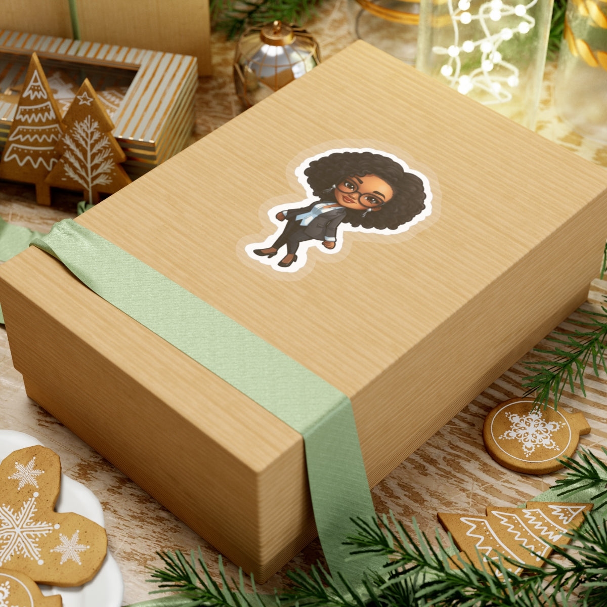 Chibi Style African American (Black) Business Woman Boss Babe in Black Suit Kiss-Cut Stickers
