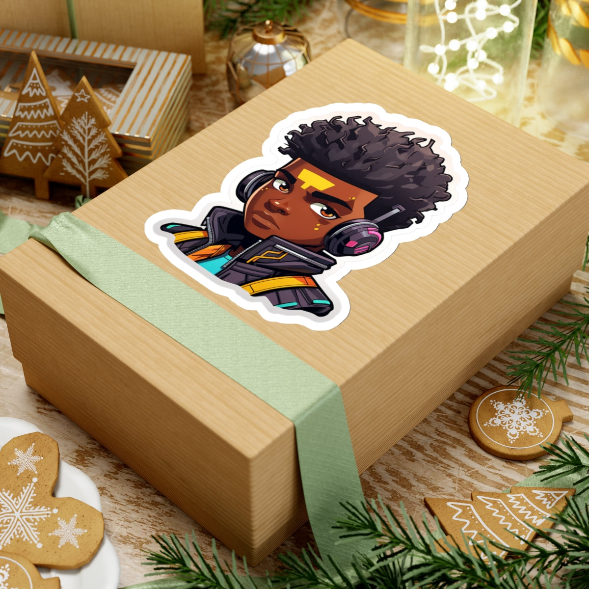 Kawaii Anime Style African American Black Young Man Boy WIth Headphones and Jacket Kiss-Cut Stickers