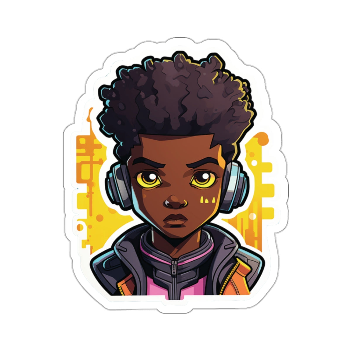Kawaii Anime Style African American (Black) Young Man (Boy) in Yellow or Golden Background Kiss-Cut Stickers