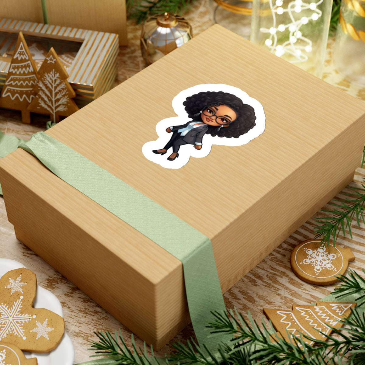Chibi Style African American (Black) Business Woman Boss Babe in Black Suit Kiss-Cut Stickers