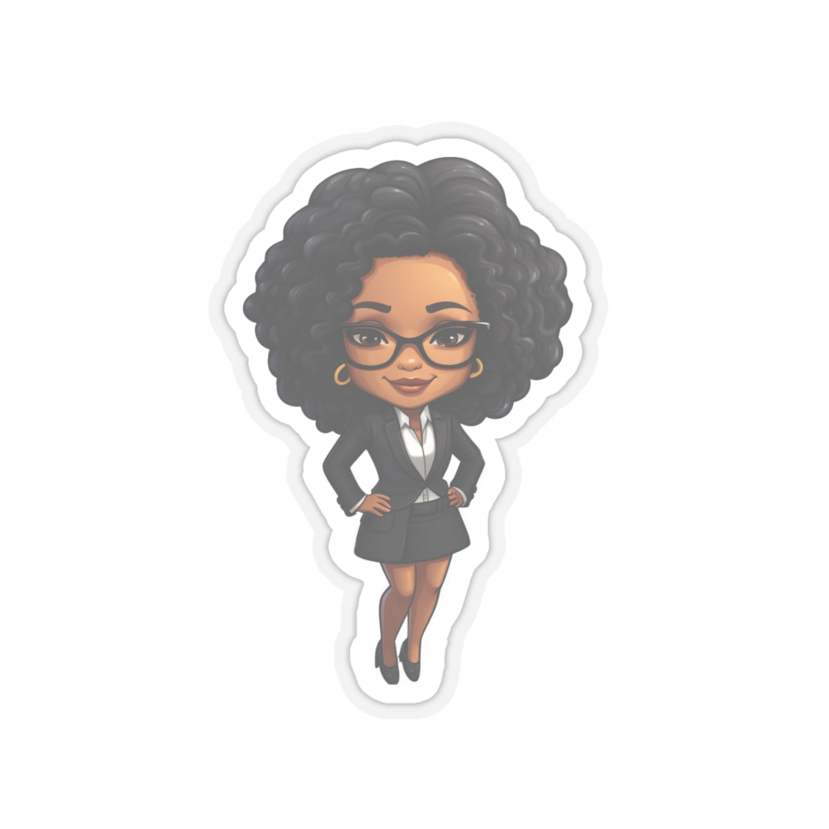 Chibi Style African American Business Woman (Boss Babe) in Black Suit with Skirt Kiss-Cut Stickers