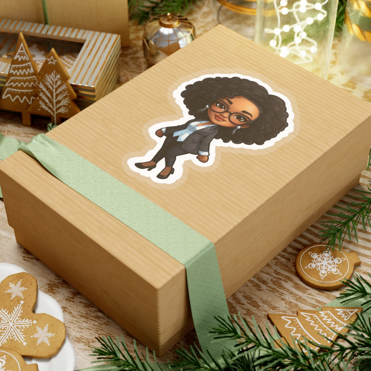 Chibi Style African American (Black) Business Woman Boss Babe in Black Suit Kiss-Cut Stickers