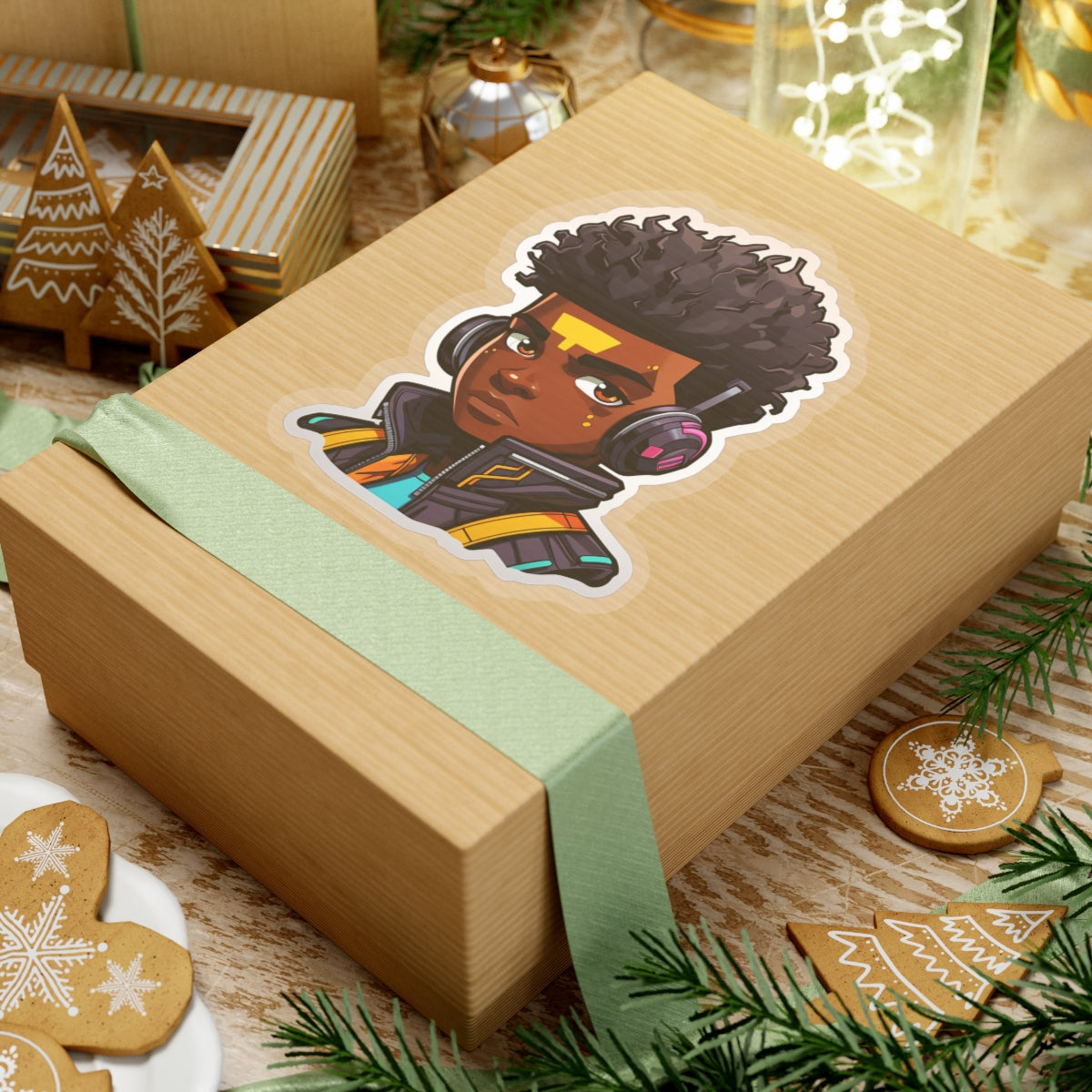 Kawaii Anime Style African American Black Young Man Boy WIth Headphones and Jacket Kiss-Cut Stickers