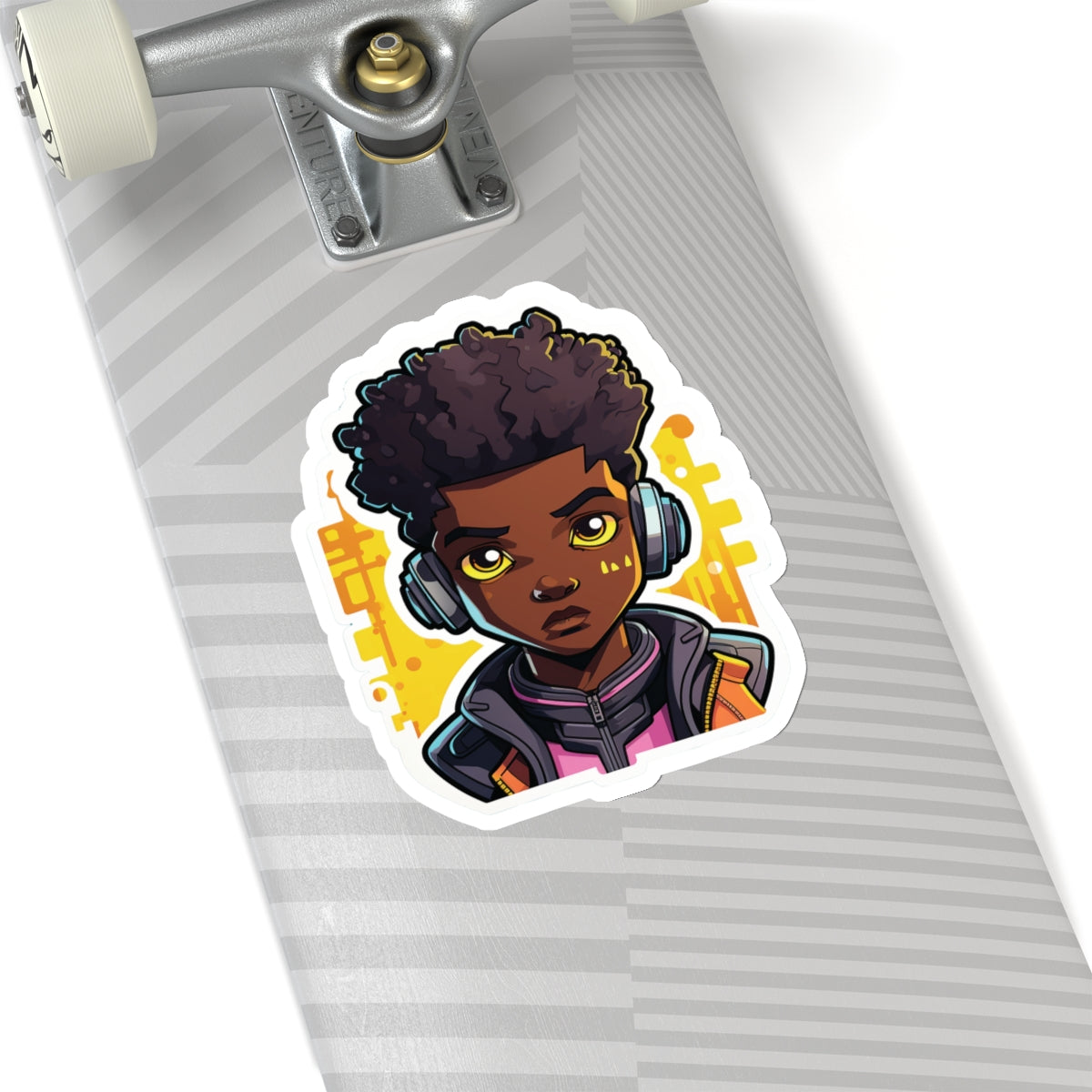 Kawaii Anime Style African American (Black) Young Man (Boy) in Yellow or Golden Background Kiss-Cut Stickers