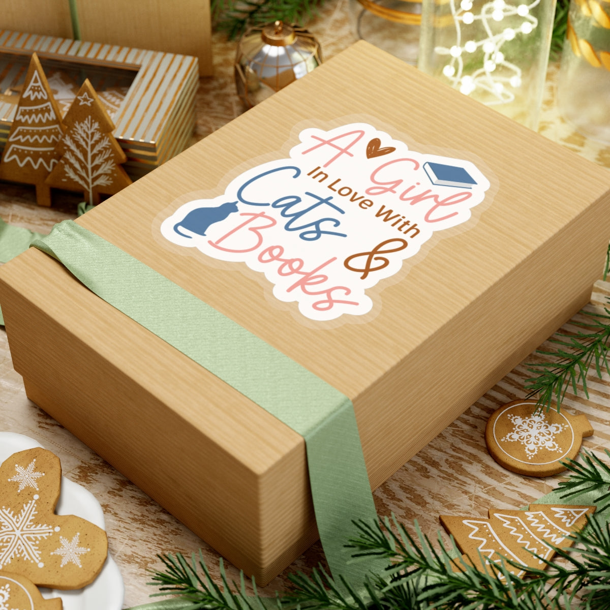 A Girl in Love with Her Cat and Books Kiss-Cut Stickers