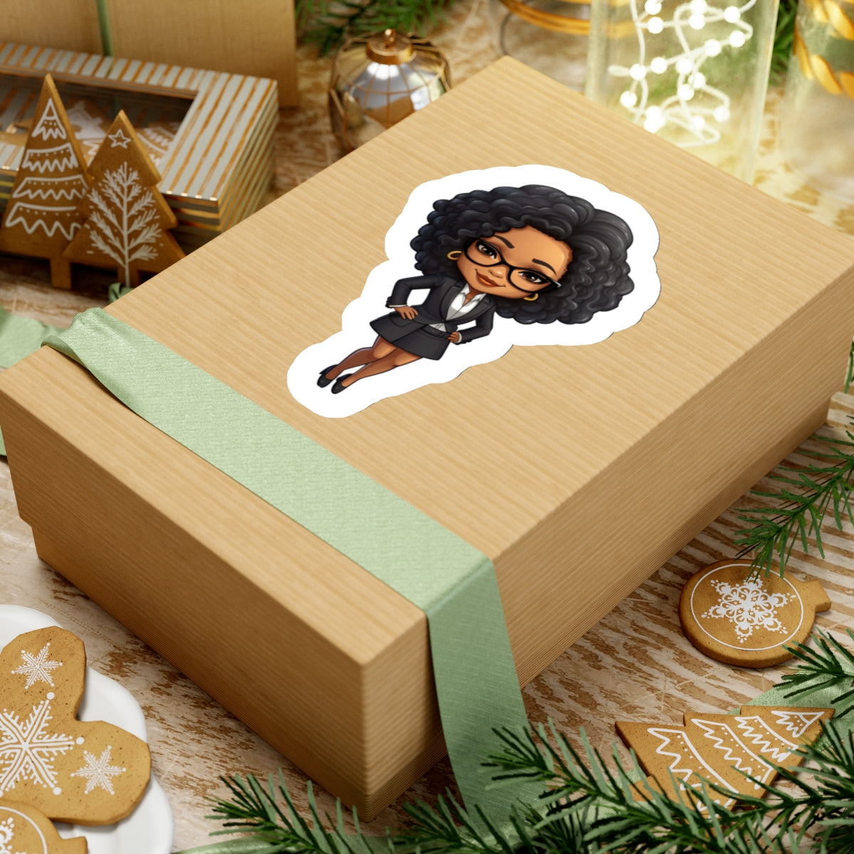 Chibi Style African American Business Woman (Boss Babe) in Black Suit with Skirt Kiss-Cut Stickers