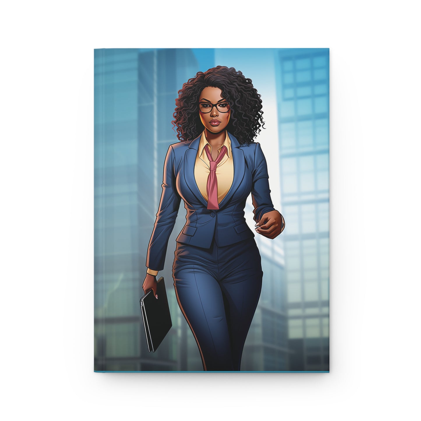 African American Business Women Superhero in Blue Environment Hardcover Journal Matte Cover