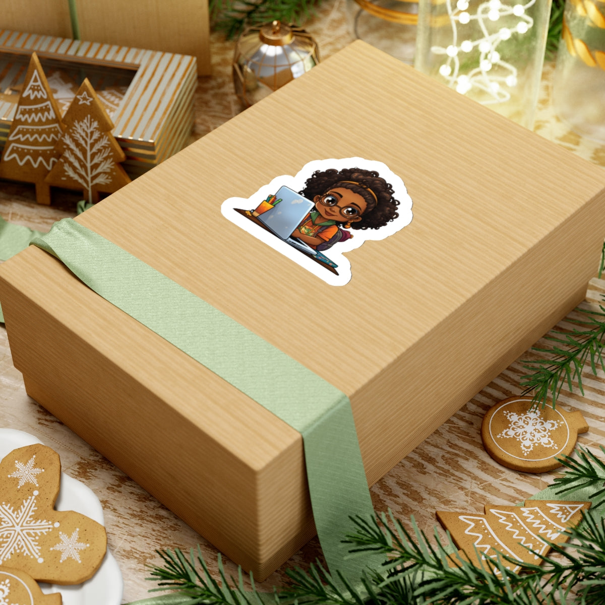 Chibi Style African American Student at Her Desk with Her Laptop Studying Kiss-Cut Stickers