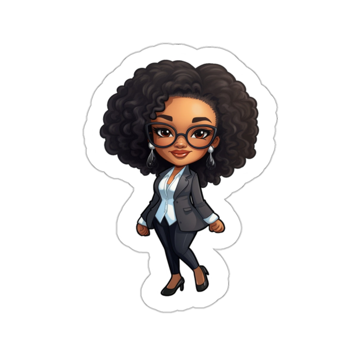 Chibi Style African American (Black) Business Woman Boss Babe in Black Suit Kiss-Cut Stickers