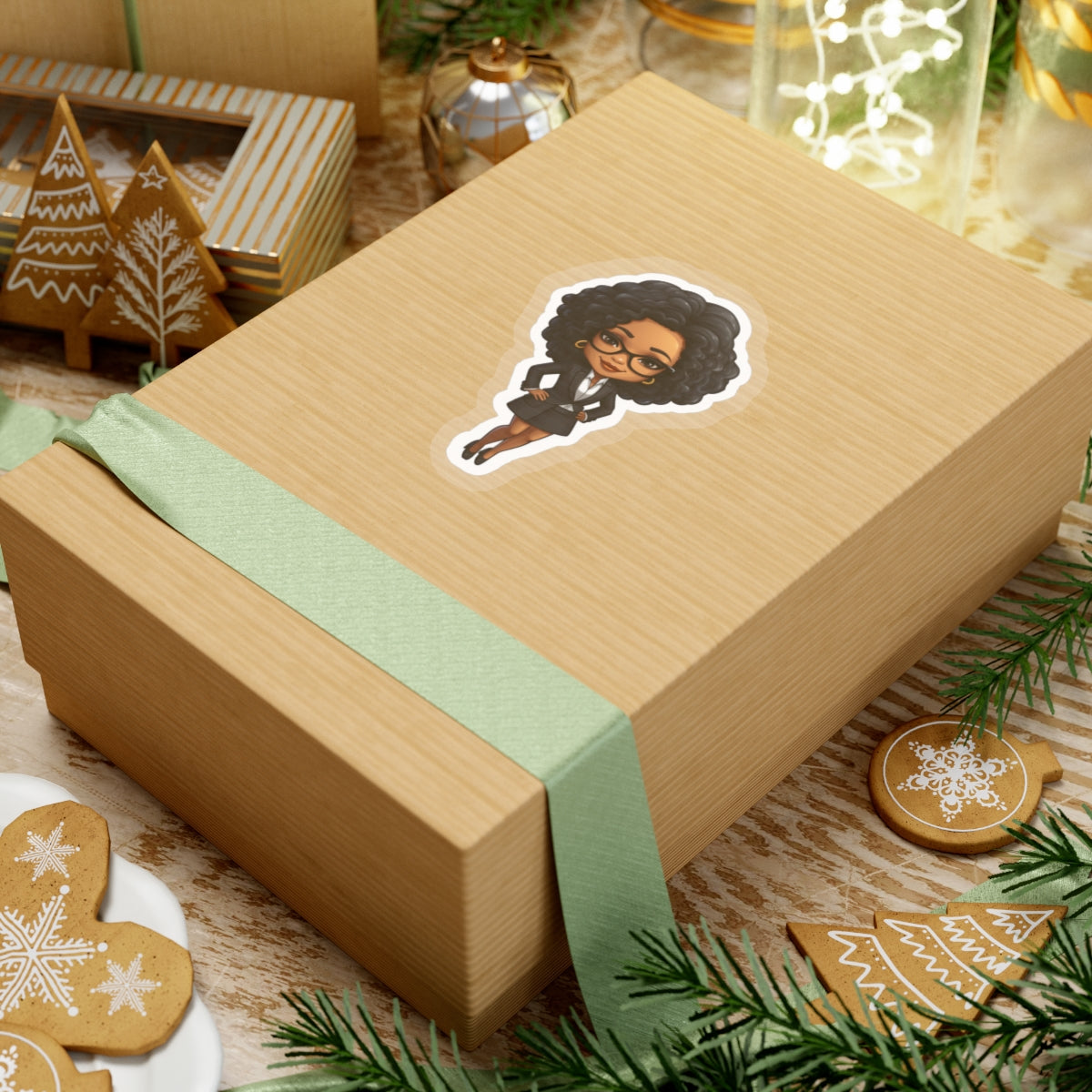 Chibi Style African American Business Woman (Boss Babe) in Black Suit with Skirt Kiss-Cut Stickers