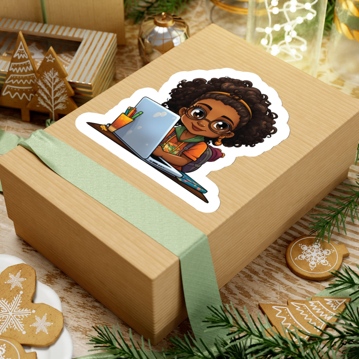 Chibi Style African American Student at Her Desk with Her Laptop Studying Kiss-Cut Stickers