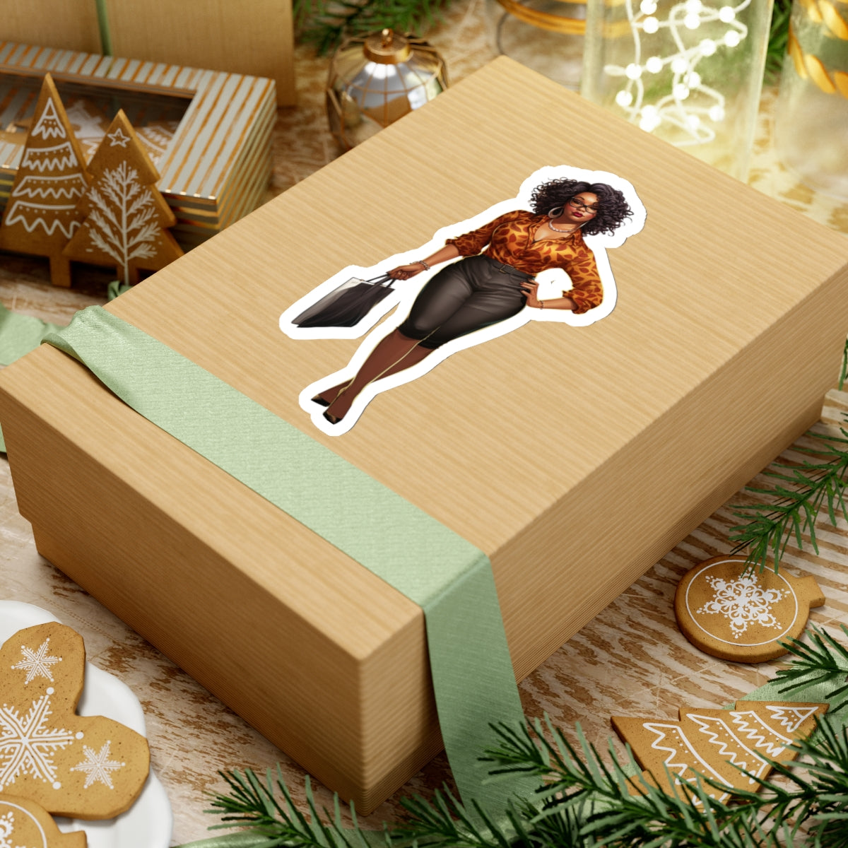 African American Black Business Woman in Orange with Laptop Bag Kiss-Cut Stickers