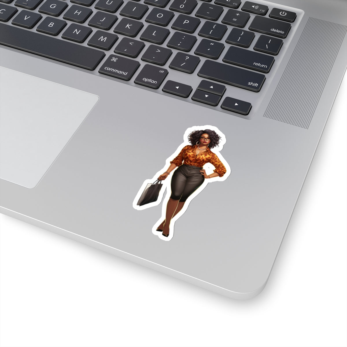 African American Black Business Woman in Orange with Laptop Bag Kiss-Cut Stickers