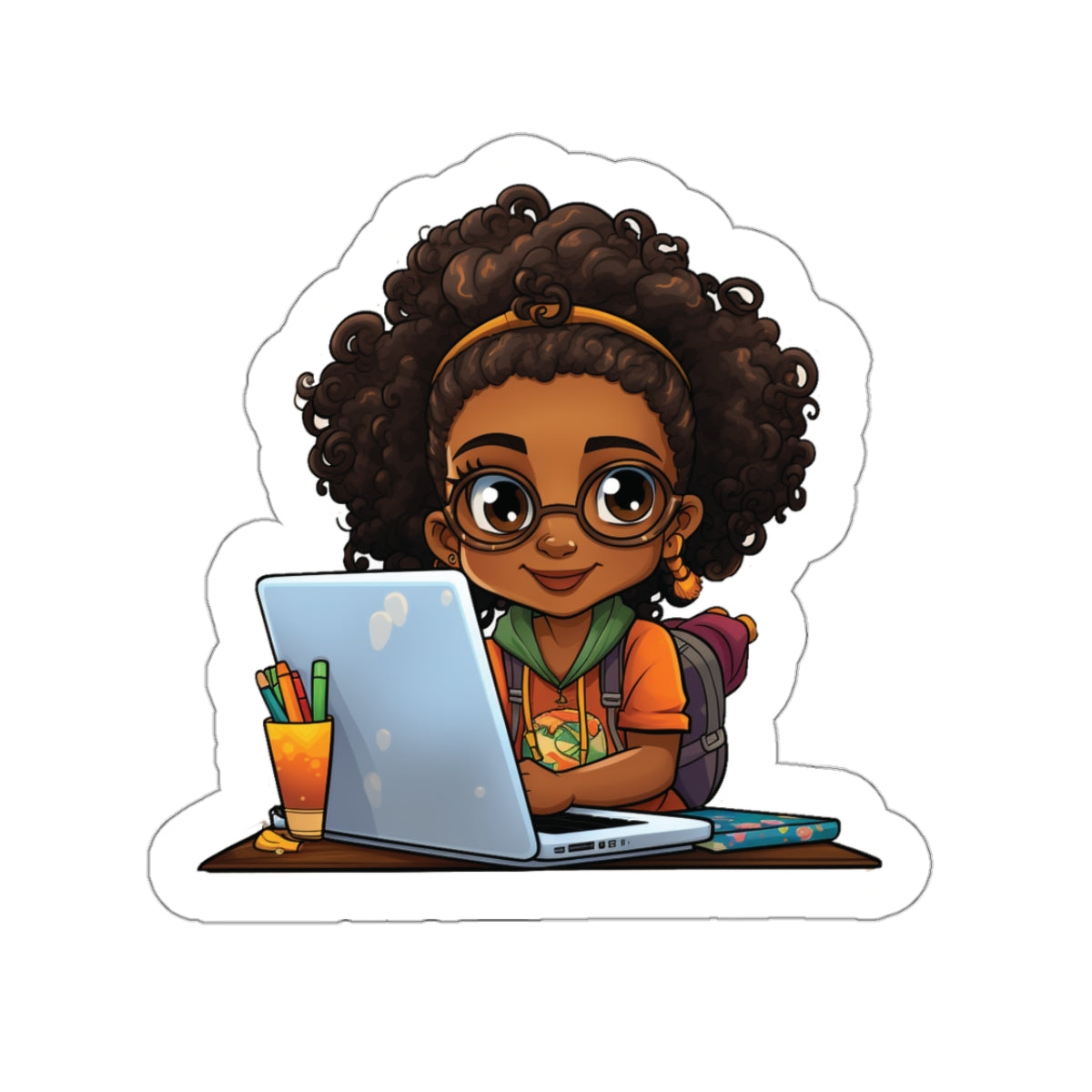 Chibi Style African American Student at Her Desk with Her Laptop Studying Kiss-Cut Stickers