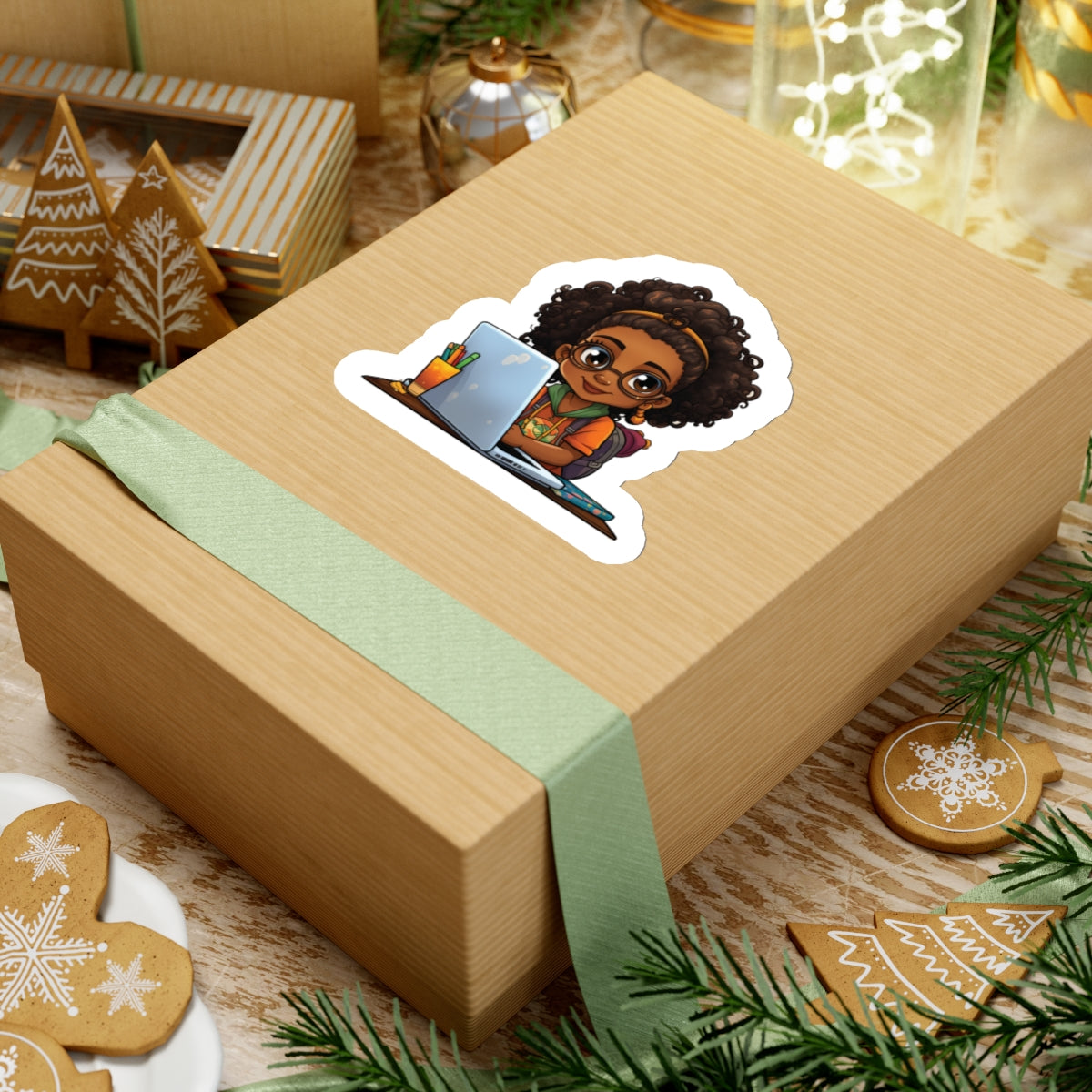Chibi Style African American Student at Her Desk with Her Laptop Studying Kiss-Cut Stickers