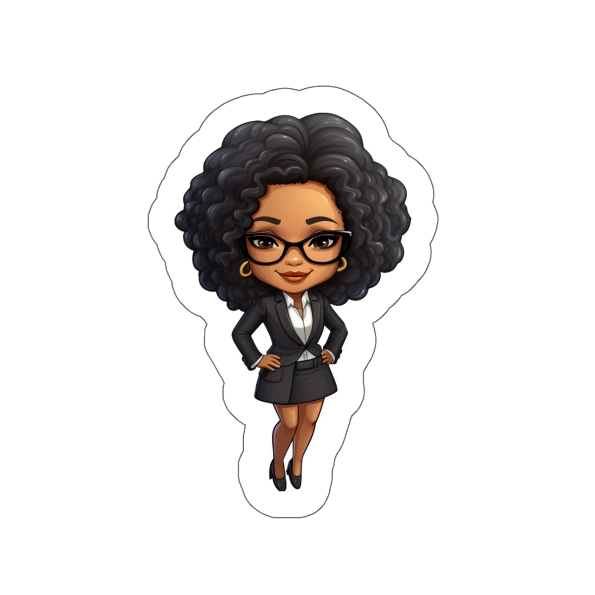 Chibi Style African American Business Woman (Boss Babe) in Black Suit with Skirt Kiss-Cut Stickers