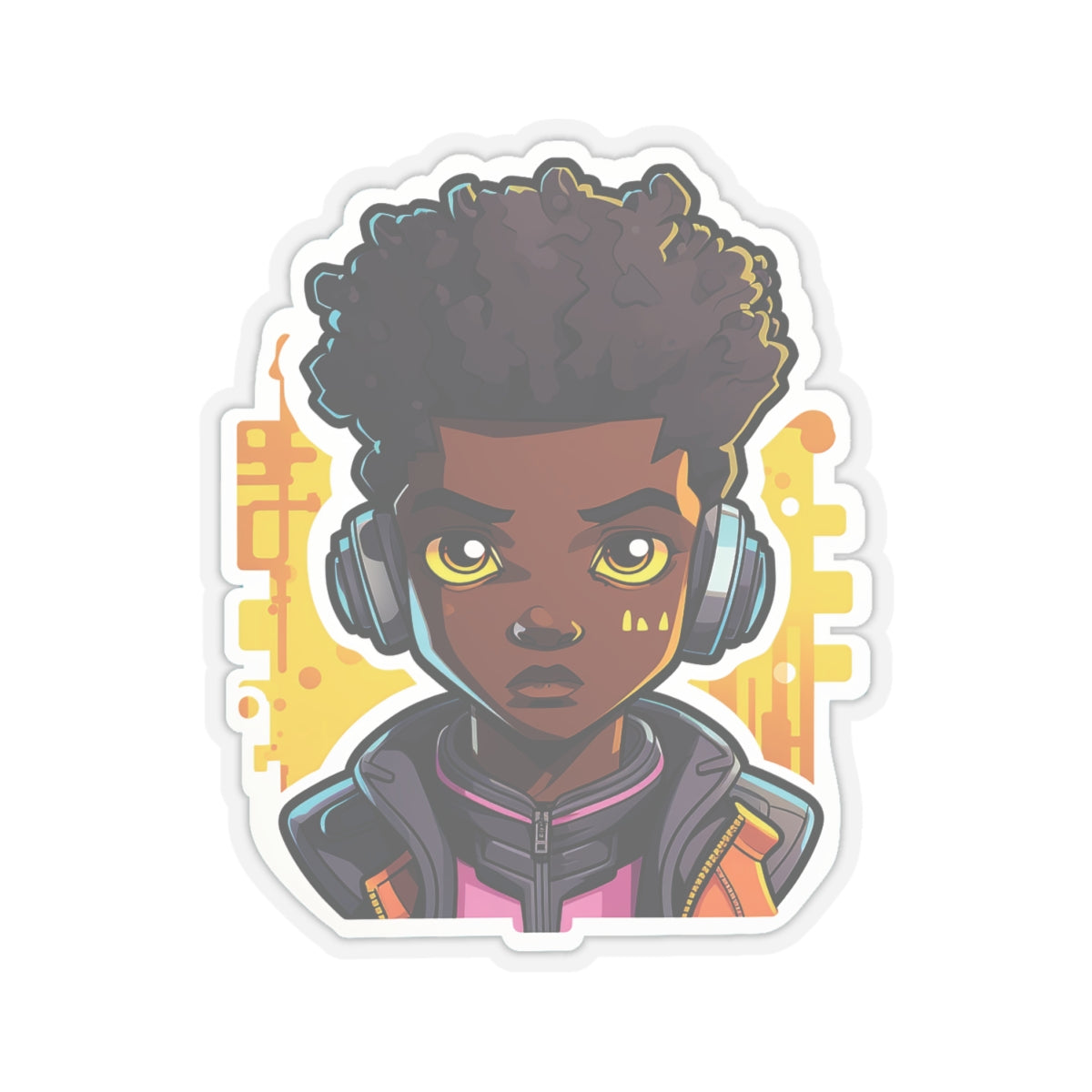 Kawaii Anime Style African American (Black) Young Man (Boy) in Yellow or Golden Background Kiss-Cut Stickers