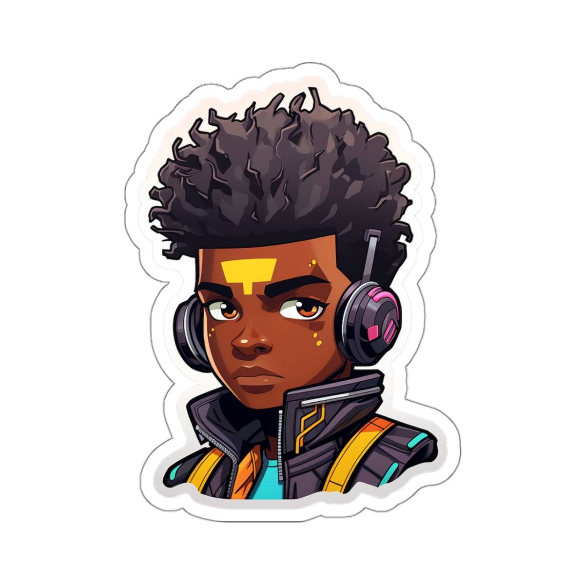 Kawaii Anime Style African American Black Young Man Boy WIth Headphones and Jacket Kiss-Cut Stickers