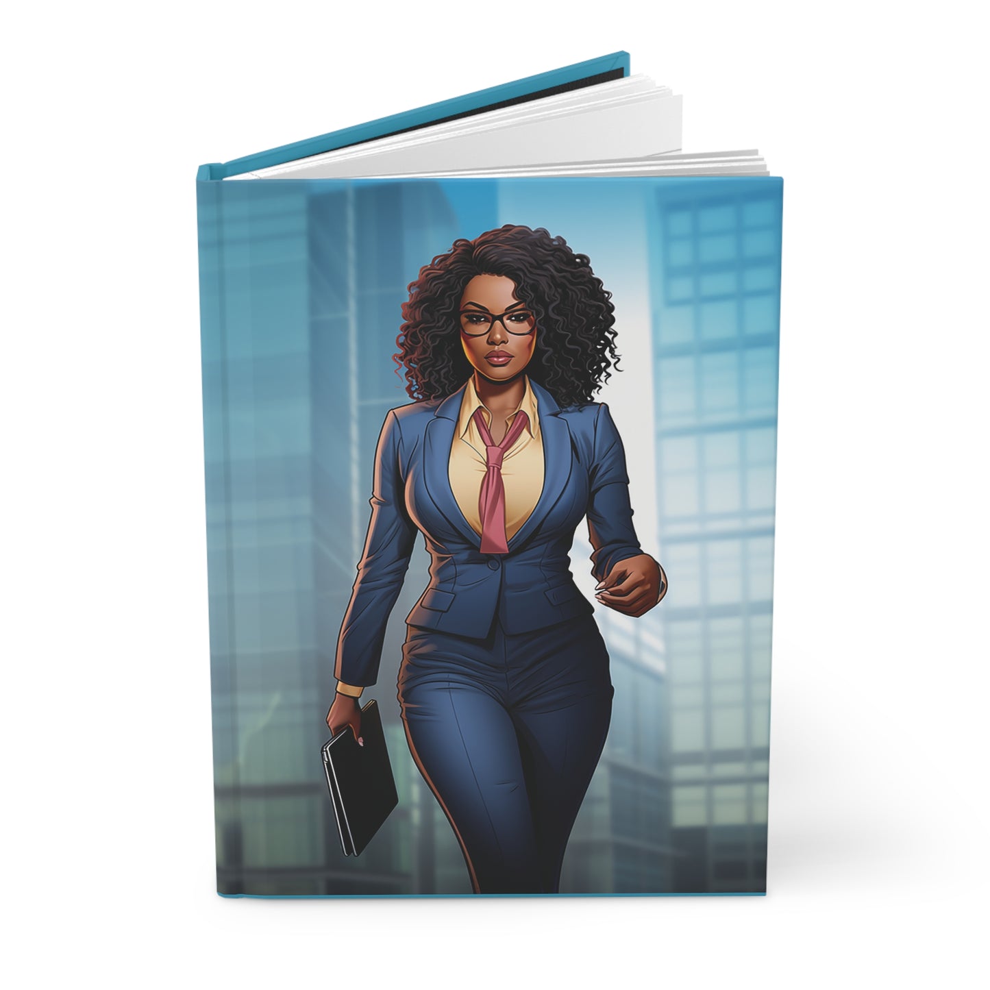African American Business Women Superhero in Blue Environment Hardcover Journal Matte Cover