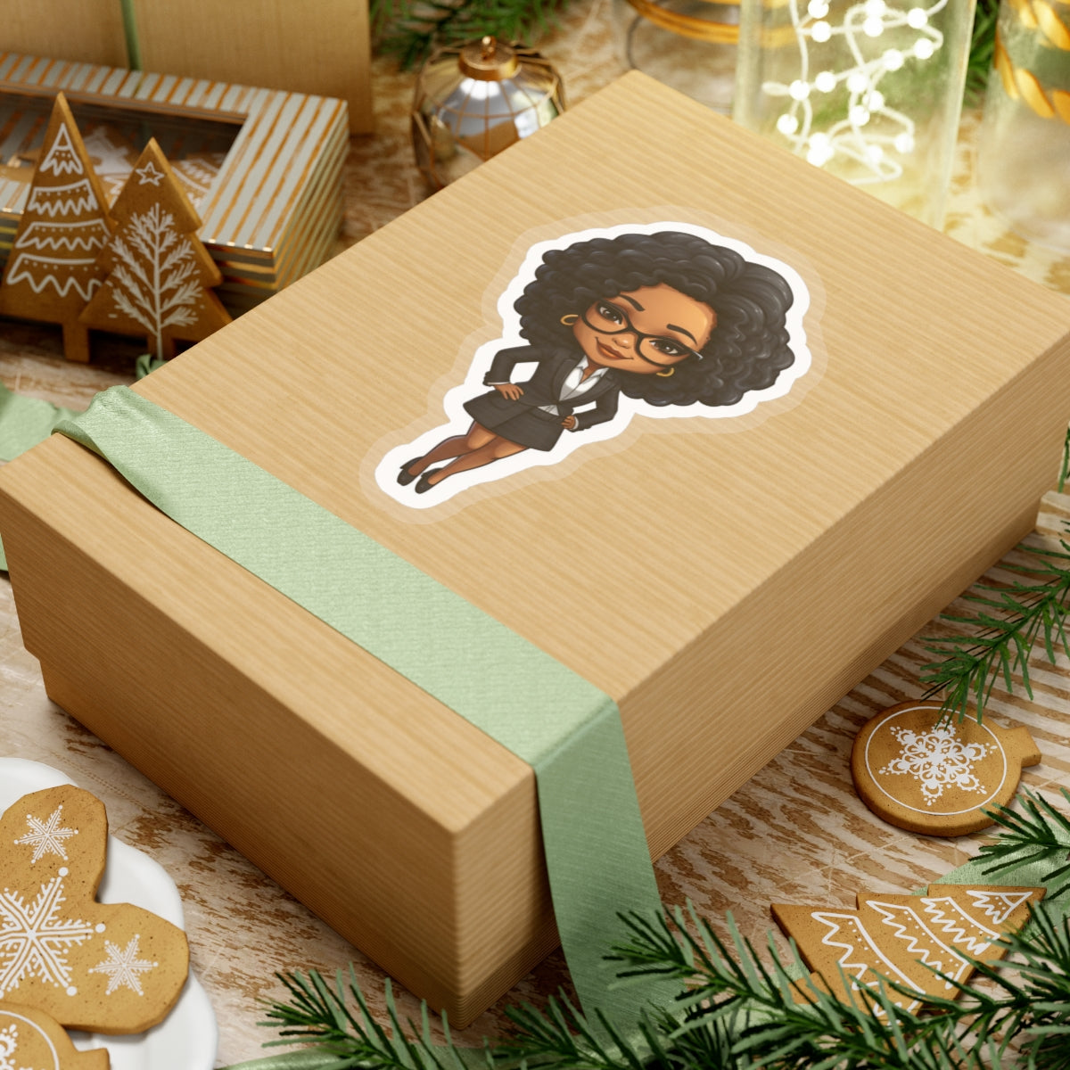 Chibi Style African American Business Woman (Boss Babe) in Black Suit with Skirt Kiss-Cut Stickers