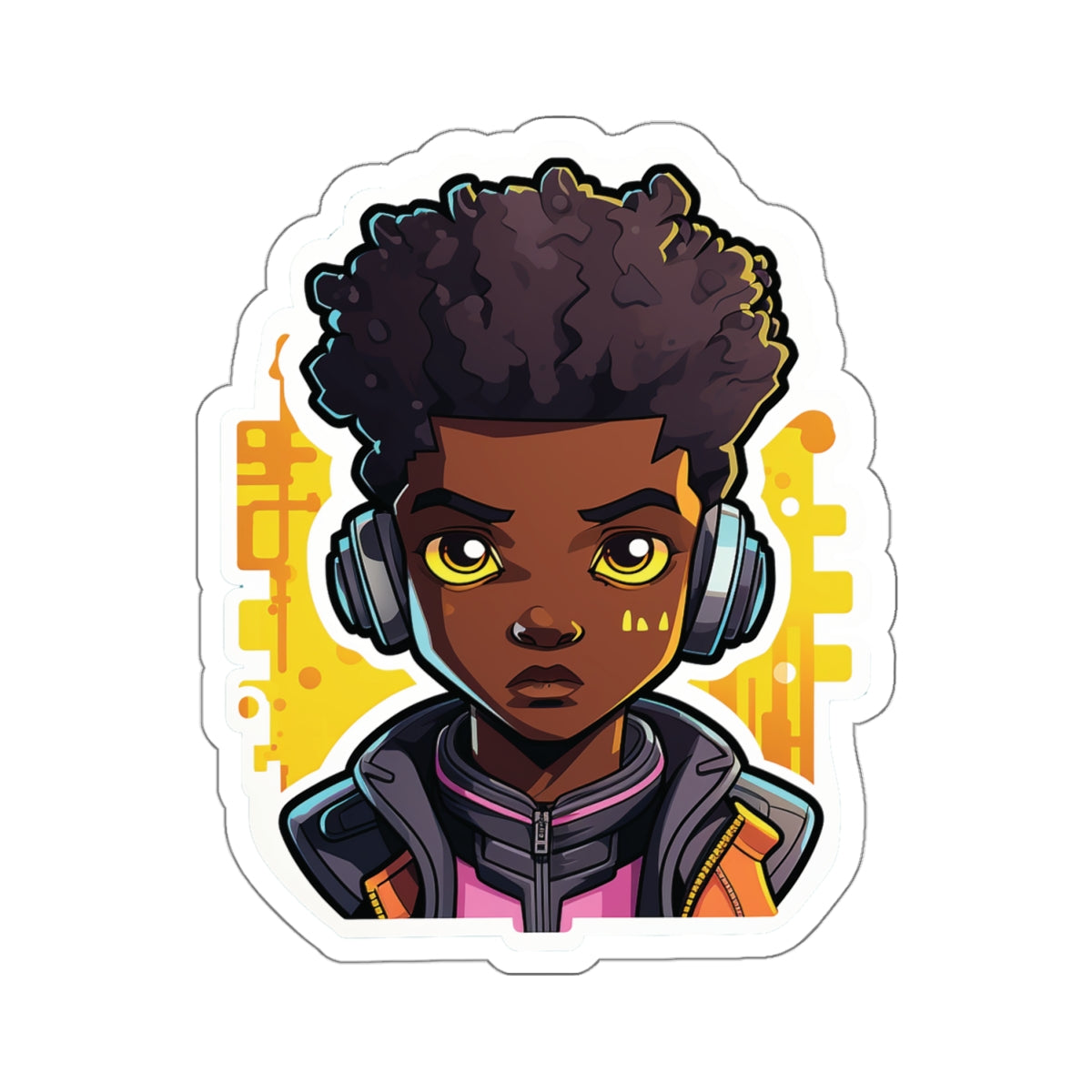 Kawaii Anime Style African American (Black) Young Man (Boy) in Yellow or Golden Background Kiss-Cut Stickers