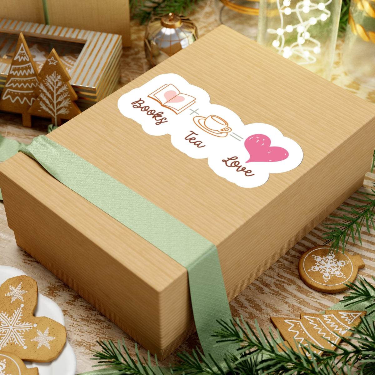 Books + Tea = Love (Books Plus Tea Equals Love) Book Lovers Kiss-Cut Stickers