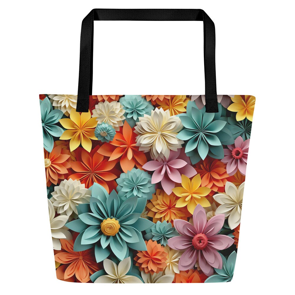 Colorful Flowers (Orange, Blue, White, Pink) All-Over Print Large Tote Bag