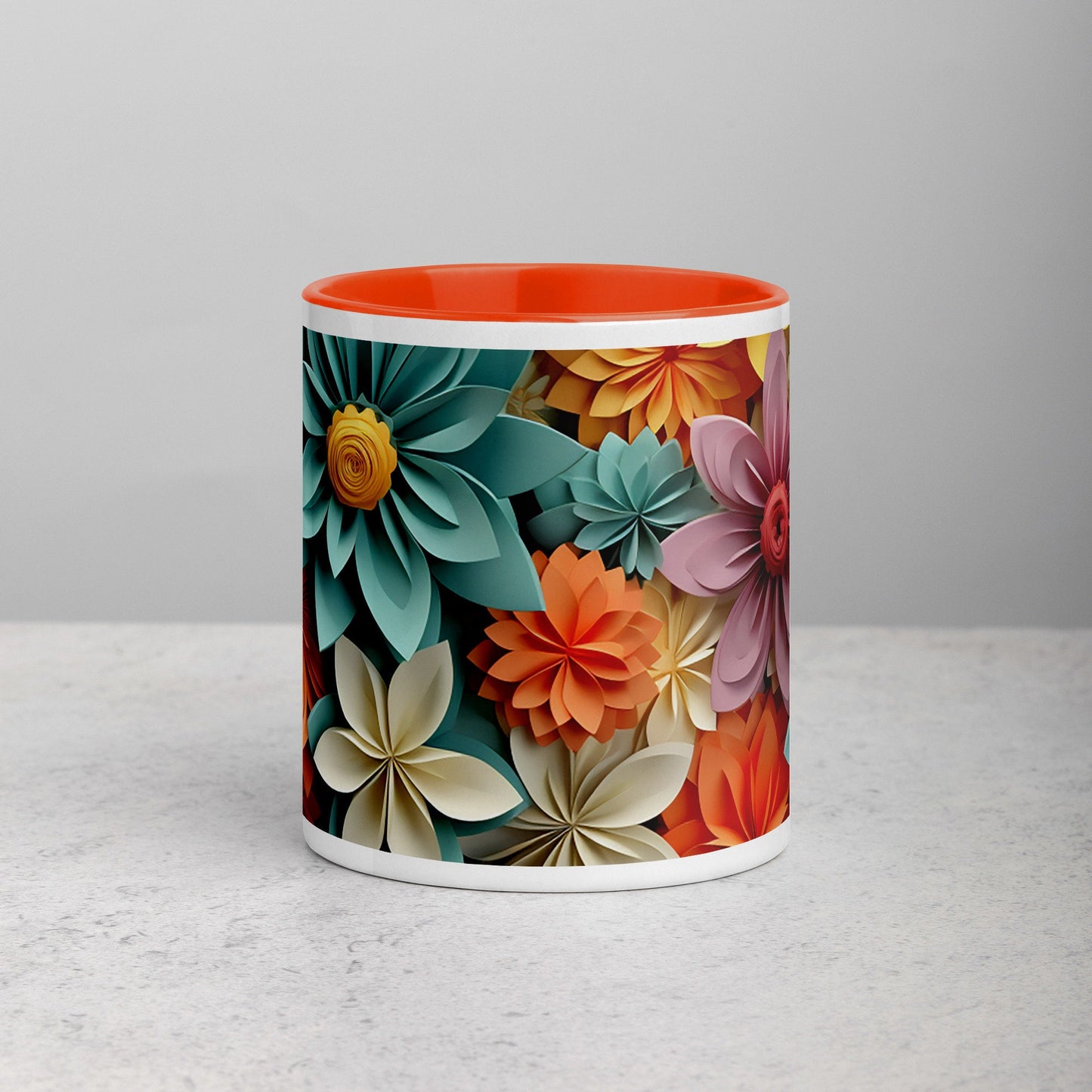 Colorful Flowers (Orange, Blue, White, Pink) Mug with Color Inside and Matching Color on the Handle