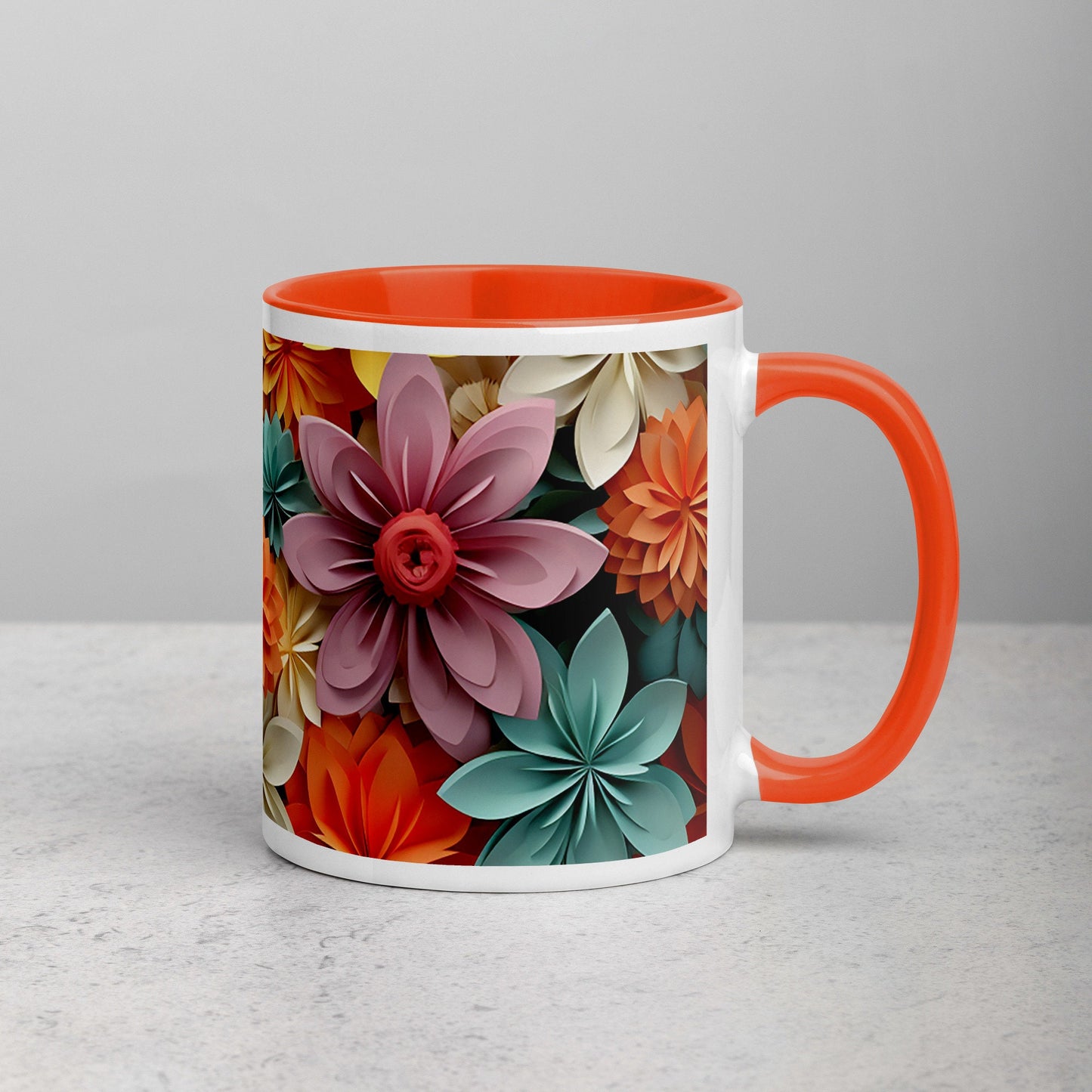 Colorful Flowers (Orange, Blue, White, Pink) Mug with Color Inside and Matching Color on the Handle