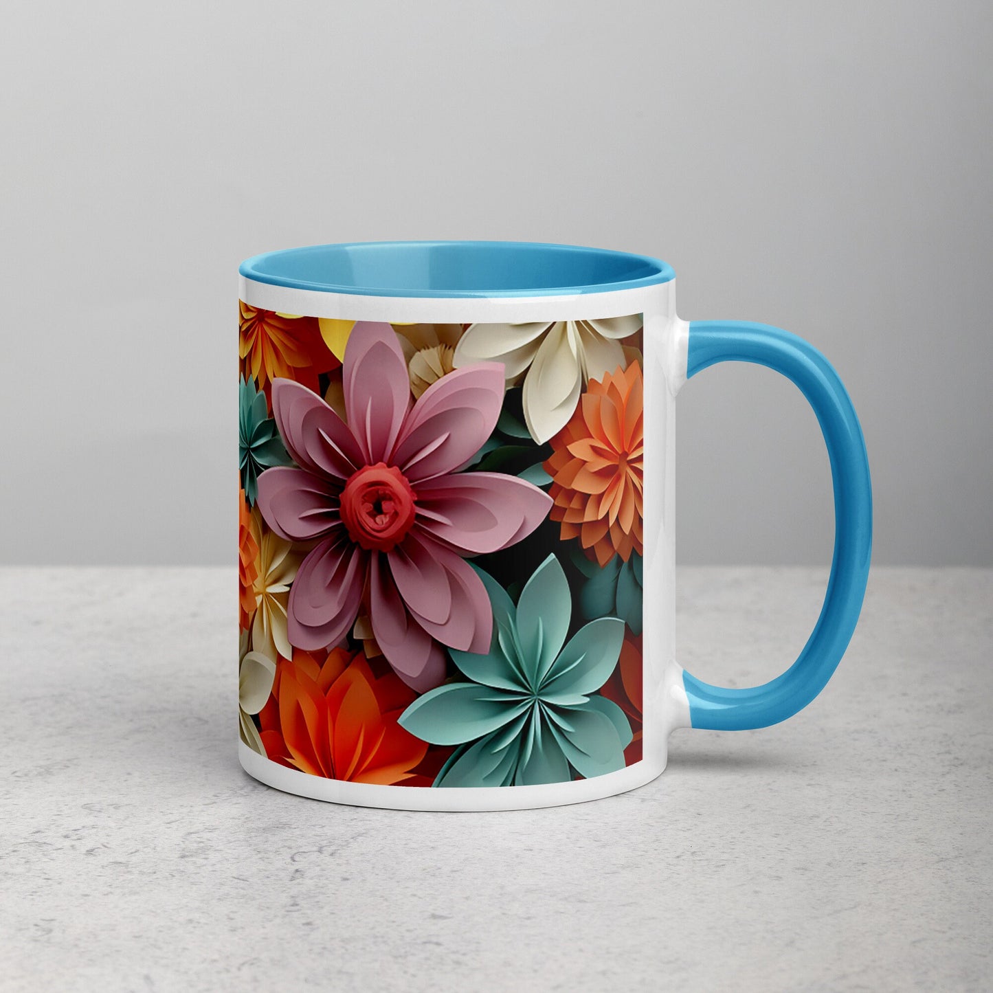 Colorful Flowers (Orange, Blue, White, Pink) Mug with Color Inside and Matching Color on the Handle