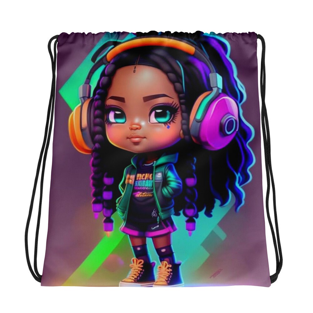 Cute African American Girl with Locs and Headphones Drawstring bag