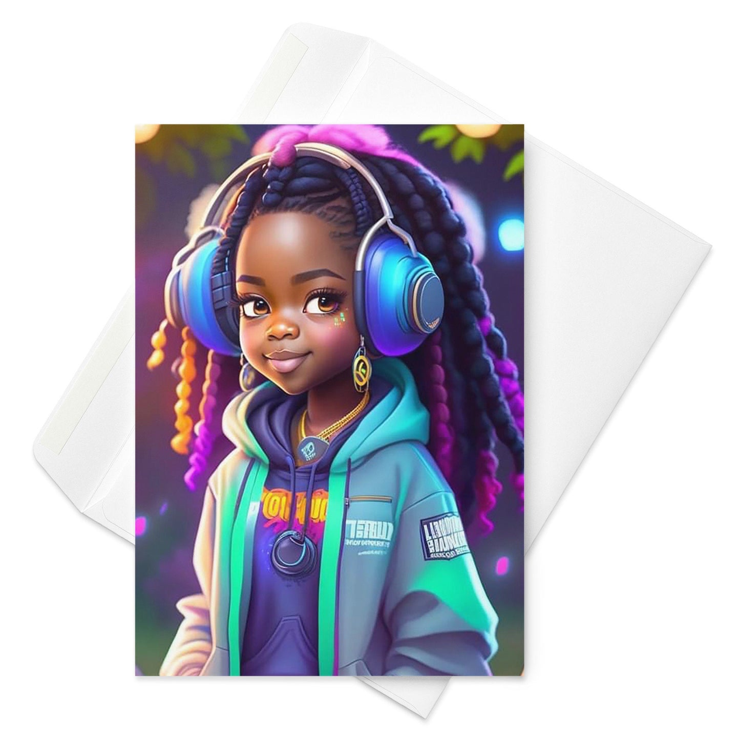 Cute African American Girl with Locs and Headphones Greeting card - Blank Inside