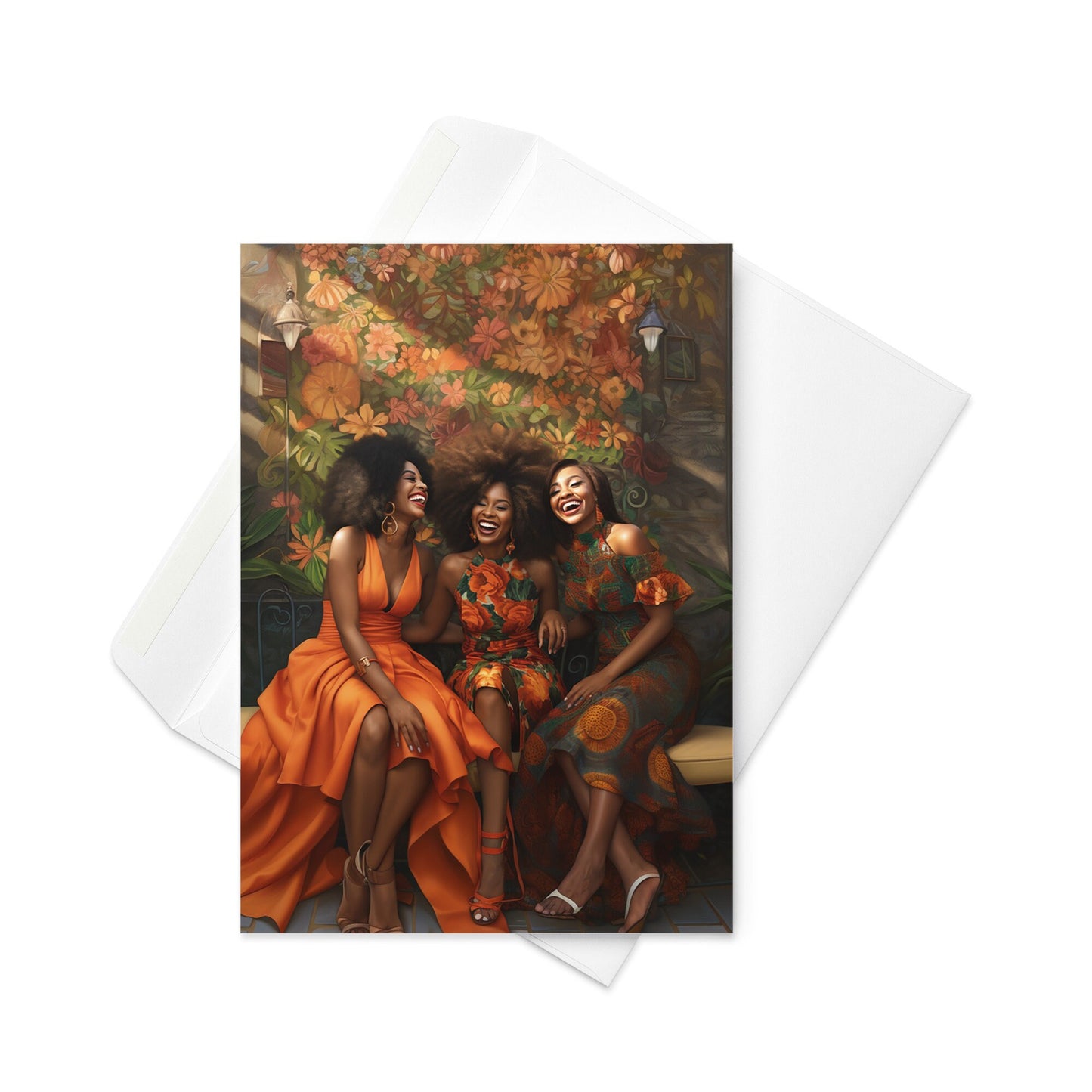 Three Happy Sister Friends Reunion in Orange Tones Greeting card