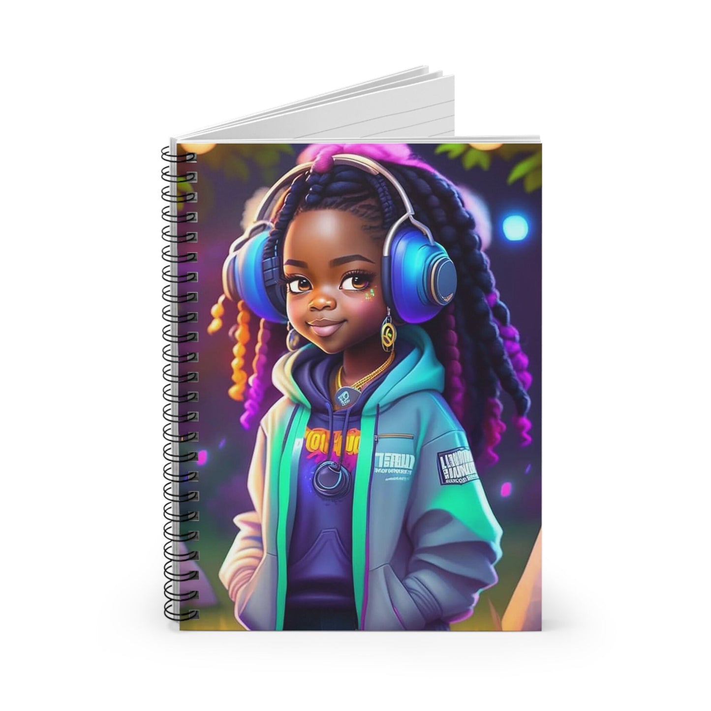 Cute African American Girl with Locs and Headphones Spiral Notebook - Ruled Line