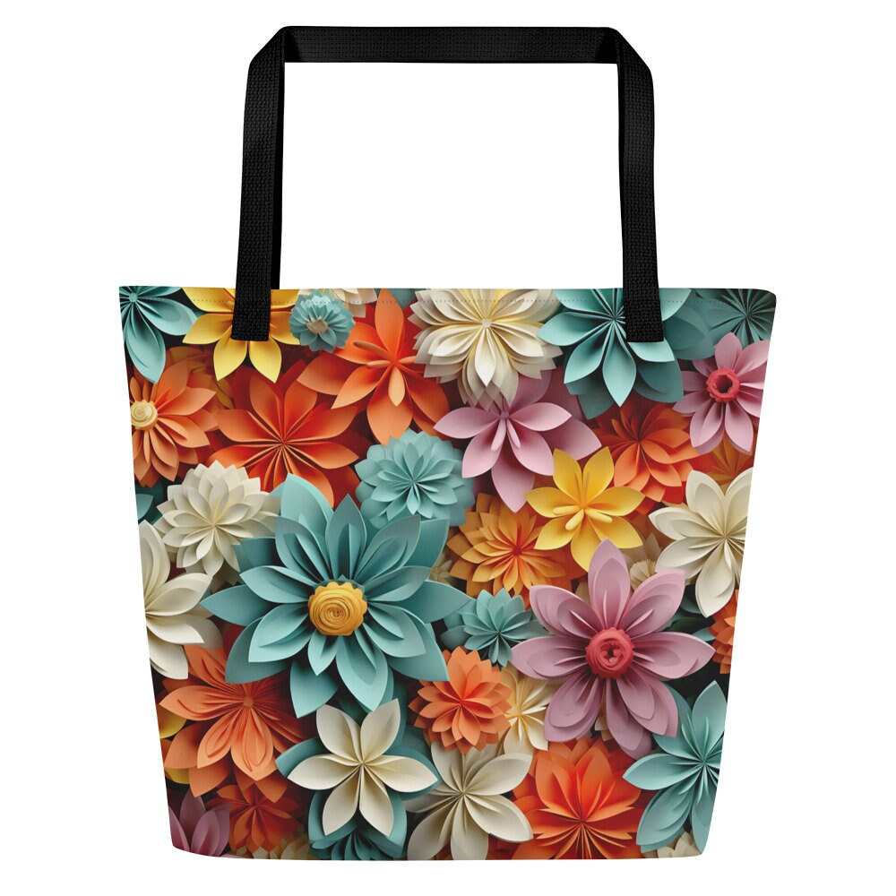 Colorful Flowers (Orange, Blue, White, Pink) All-Over Print Large Tote Bag