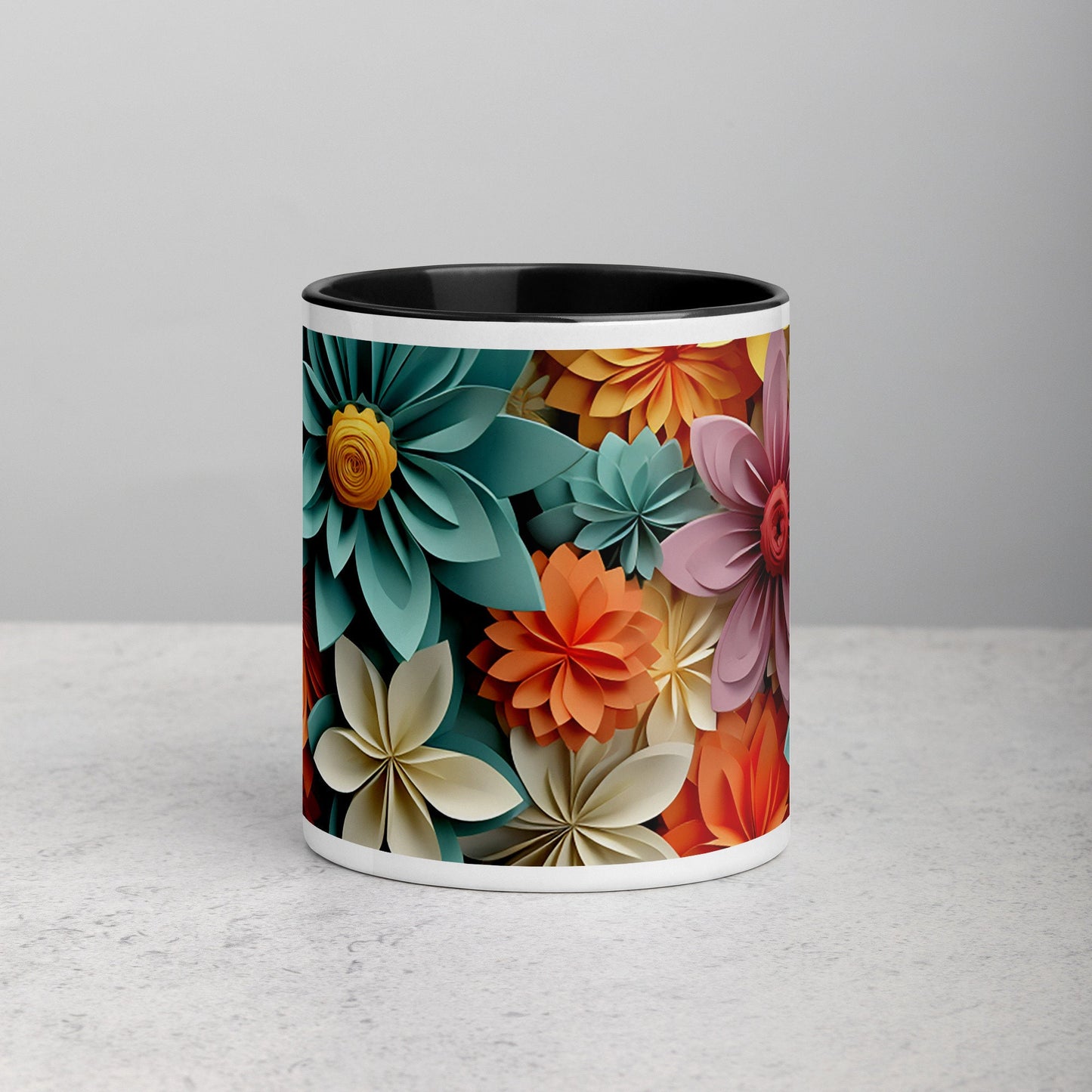 Colorful Flowers (Orange, Blue, White, Pink) Mug with Color Inside and Matching Color on the Handle
