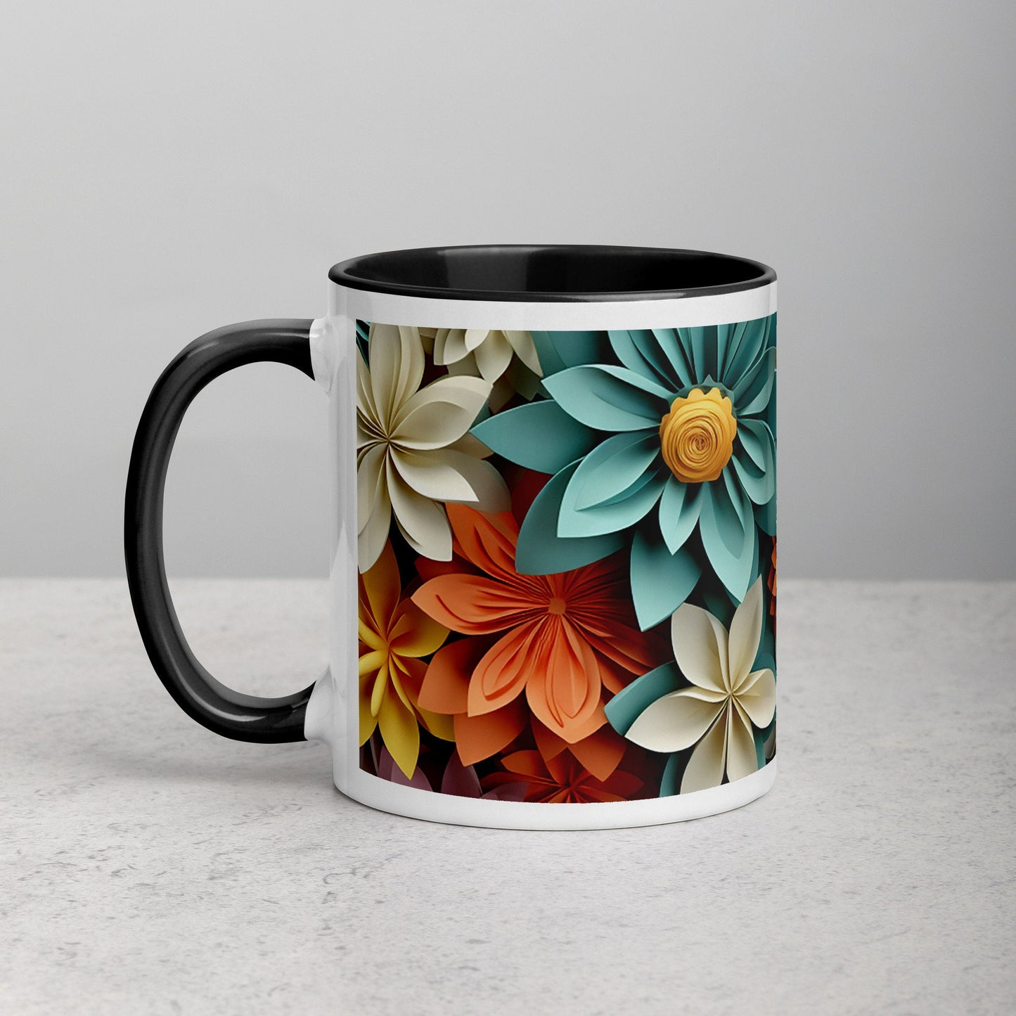 Colorful Flowers (Orange, Blue, White, Pink) Mug with Color Inside and Matching Color on the Handle