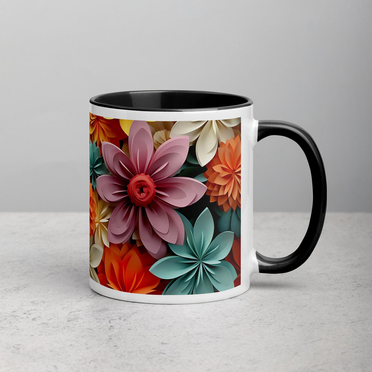 Colorful Flowers (Orange, Blue, White, Pink) Mug with Color Inside and Matching Color on the Handle