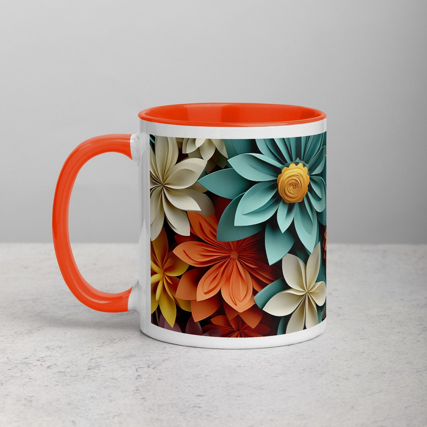 Colorful Flowers (Orange, Blue, White, Pink) Mug with Color Inside and Matching Color on the Handle
