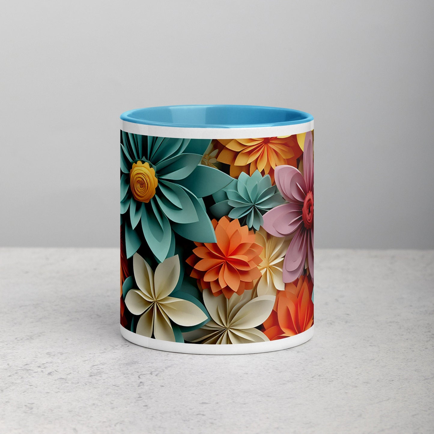 Colorful Flowers (Orange, Blue, White, Pink) Mug with Color Inside and Matching Color on the Handle
