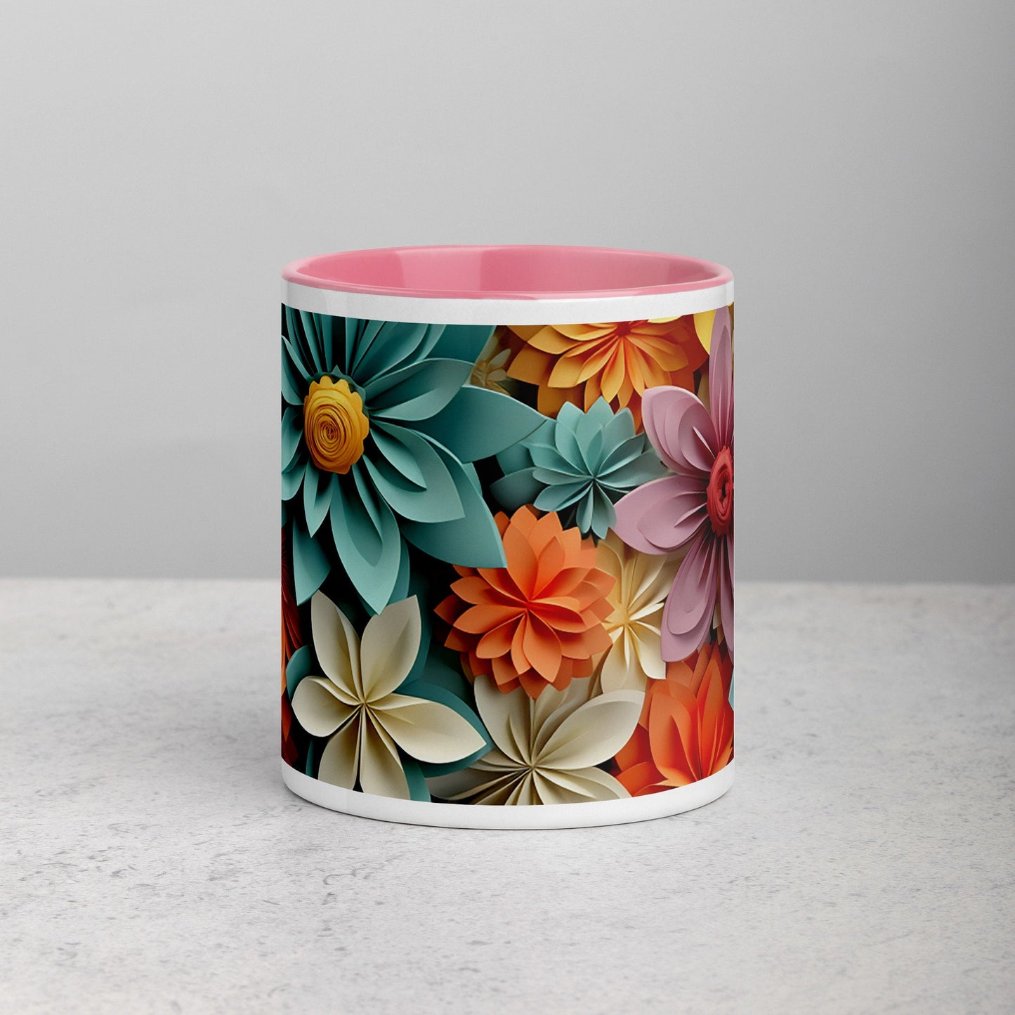 Colorful Flowers (Orange, Blue, White, Pink) Mug with Color Inside and Matching Color on the Handle