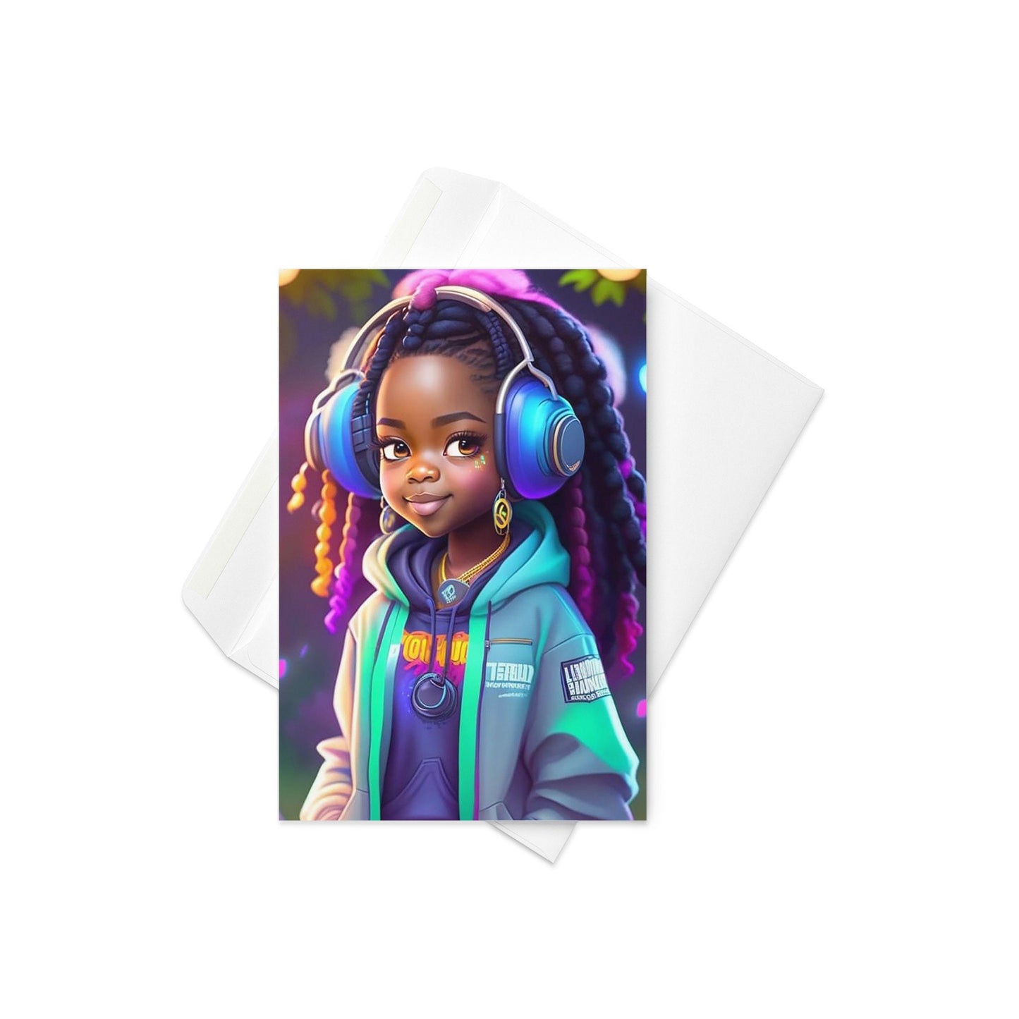 Cute African American Girl with Locs and Headphones Greeting card - Blank Inside